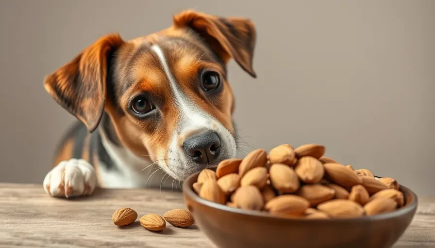 ¿Pueden los perros comer almendras? 2 Perro curioso mirando un cuenco lleno de almendras, representando los riesgos y beneficios de alimentar a los perros con almendras