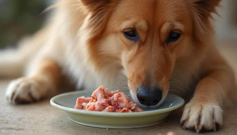 Un perro observando un plato con atún crudo, lo que refleja tanto los beneficios como los riesgos de alimentar a las mascotas con este tipo de pescado