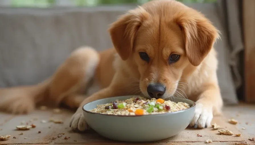 Perro observando un plato de avena con verduras, mostrando interés por la comida saludable