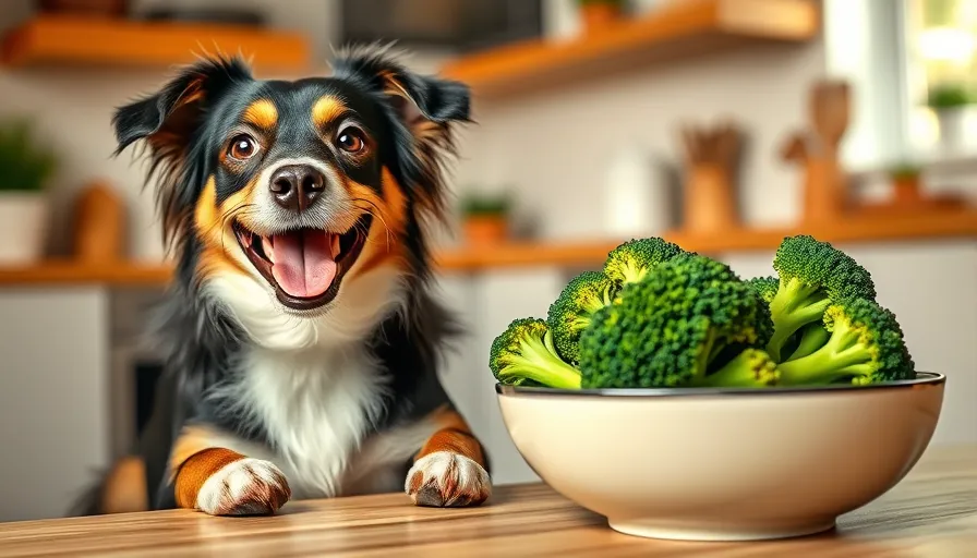 Perro feliz junto a un cuenco lleno de brócoli fresco en una cocina iluminada