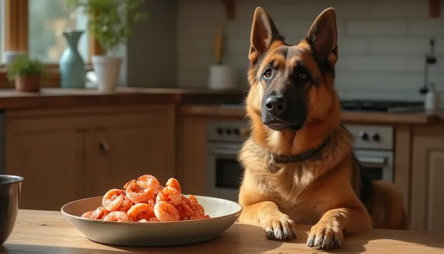 Un perro sentado junto a un plato de camarones en una cocina