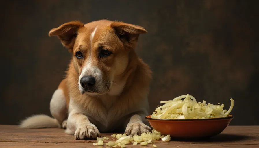 Perro preocupado junto a un plato de cebolla picada, que representa el peligro de este alimento para los perros