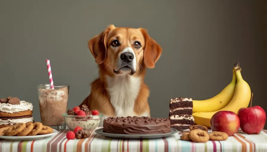 ¿Pueden los perros comer dulces? 3 Un perro con una expresión preocupada sentado junto a una mesa llena de dulces como chocolate, pastel y galletas, con algunas frutas seguras como manzanas y plátanos cerca