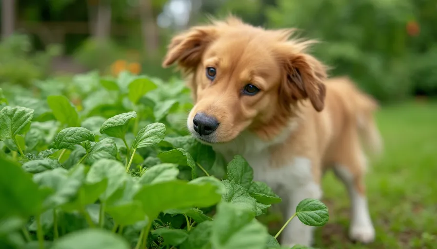 ¿Pueden los perros comer espinacas? 5 Perro saludable olfateando plantas de espinacas en un jardín verde