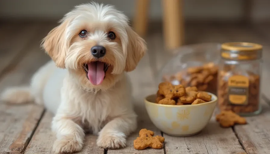 Un perro feliz junto a un cuenco de galletas caseras para perros, con golosinas compradas en el fondo