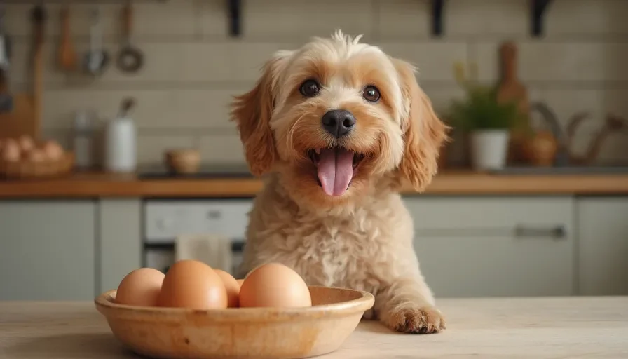 ¿Pueden los perros comer huevos? 2 Perro feliz sentado junto a un tazón de huevos en una cocina acogedora, ilustrando los beneficios de los huevos en la dieta de los perros