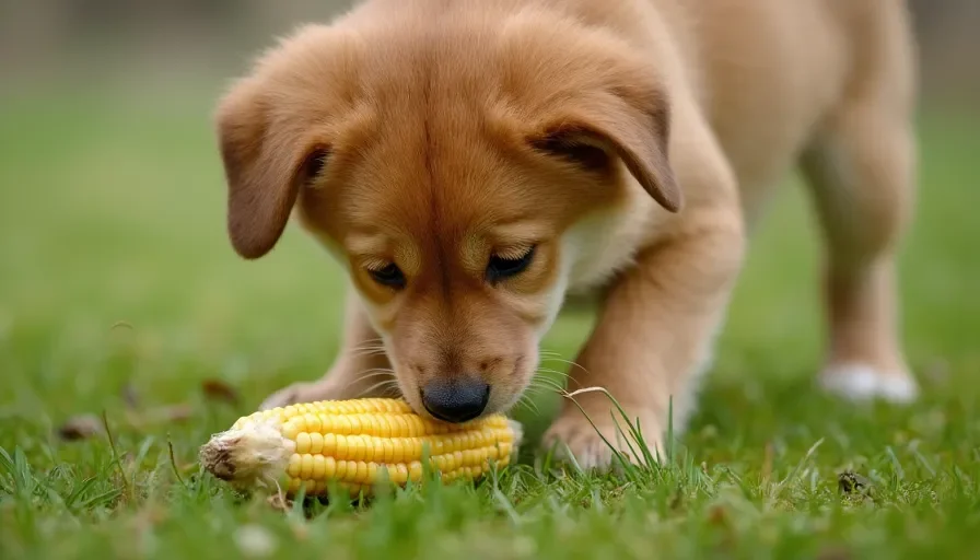 ¿Pueden los perros comer maíz? 2 Un perro curioso olfatea una mazorca de maíz en un campo de hierba, resaltando la importancia de la alimentación segura para mascotas