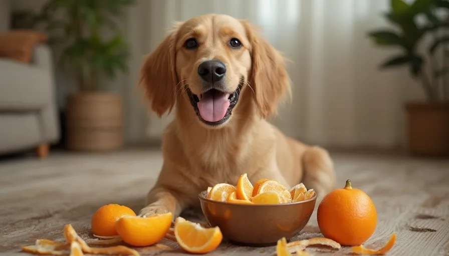 ¿Pueden los perros comer mandarinas? 4 Perro feliz junto a un bol con rodajas de mandarina y cáscaras alrededor en una sala acogedora