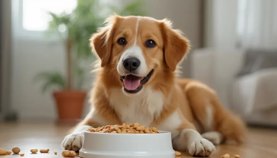 Un perro feliz con un cuenco de comida y cacahuetes, con un pelaje brillante y saludable