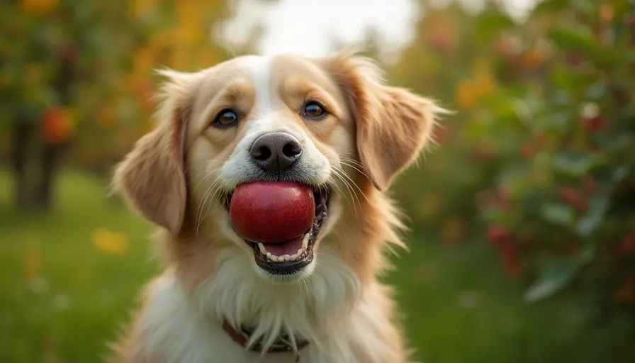 Perro feliz sosteniendo una manzana roja en la boca en un jardín