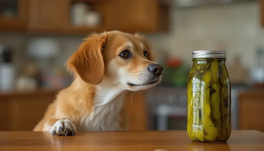 ¿Pueden los perros comer pepinillos en vinagre? 5 Un perro curioso olfateando un frasco de pepinillos sobre la mesa de la cocina