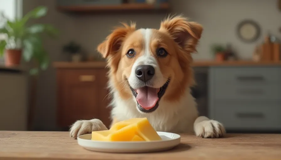 Perro feliz esperando comer un trozo de queso en una cocina acogedora