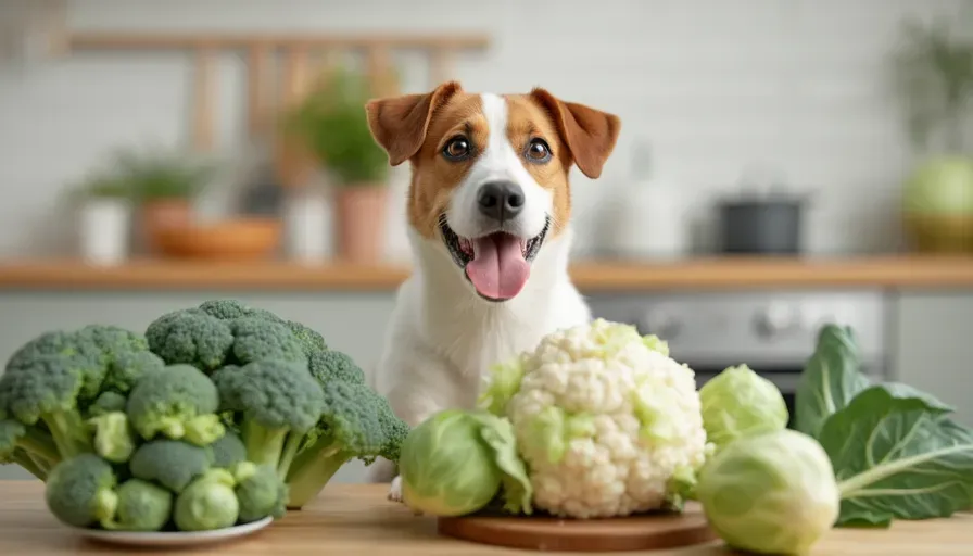 ¿Pueden los perros comer repollo? 1 Un perro feliz sentado frente a una variedad de coles saludables, incluyendo brócoli y coliflor, en una cocina brillante