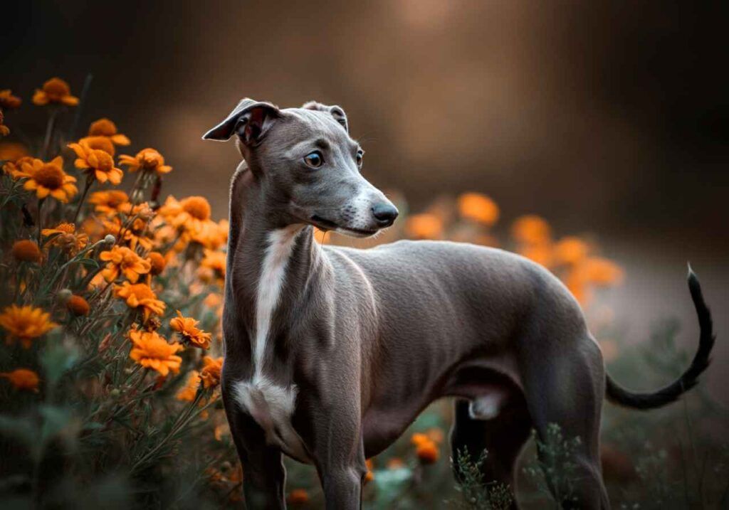 Galgo Italiano 6 Galgo Italiano rodeado de flores naranjas en un campo.