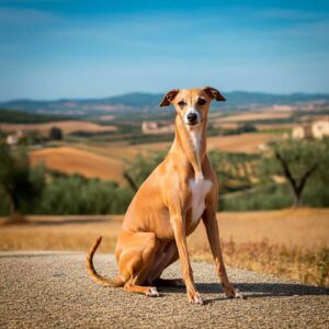 Galgo Italiano 5 Galgo Italiano sentado en un paisaje rural con colinas y olivares.