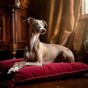 Galgo Italiano 2 Galgo Italiano descansando sobre un cojín rojo en un ambiente clásico.