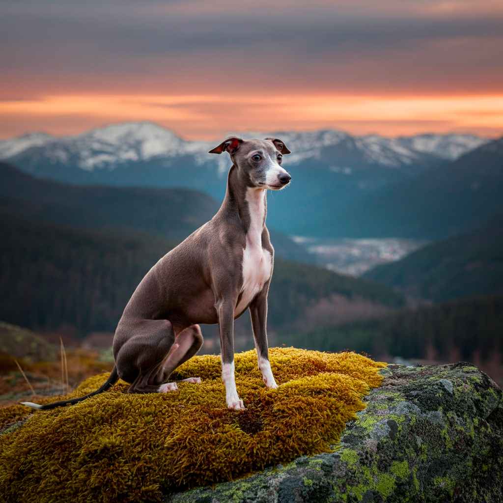 Galgo Italiano 3 Galgo Italiano sentado en un paisaje montañoso al atardecer.