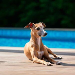Galgo Italiano 4 Galgo Italiano relajado junto a una piscina al aire libre.