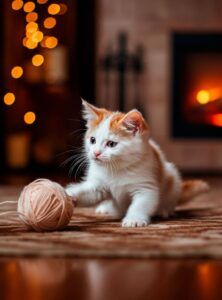 Gatito de Turco Van jugando con un ovillo de lana frente a la chimenea.