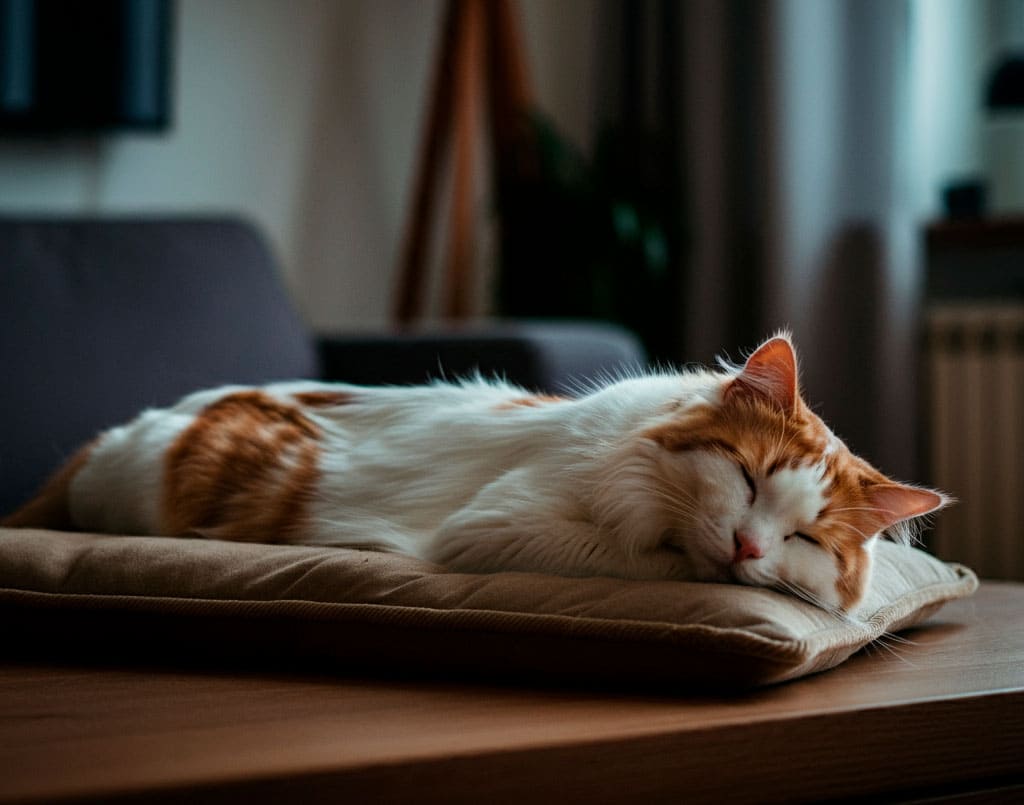Gato Turco Van durmiendo plácidamente sobre un cojín.