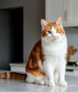 Gato Turco Van sentado en la mesa de la cocina, mirando de frente.