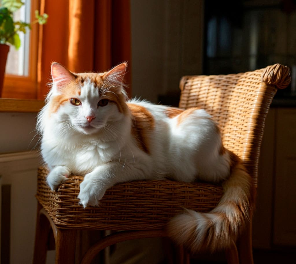 Gato Turco Van descansando en una silla de mimbre cerca de la ventana.