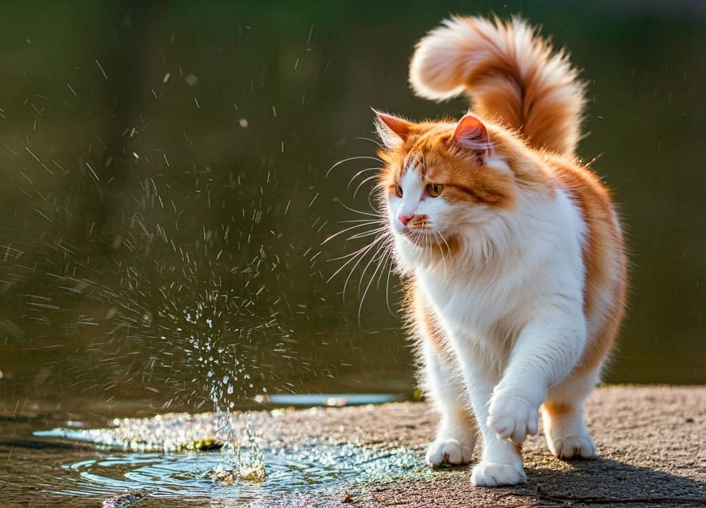 Gato Turco Van jugando con agua, mostrando su curiosidad y encanto.