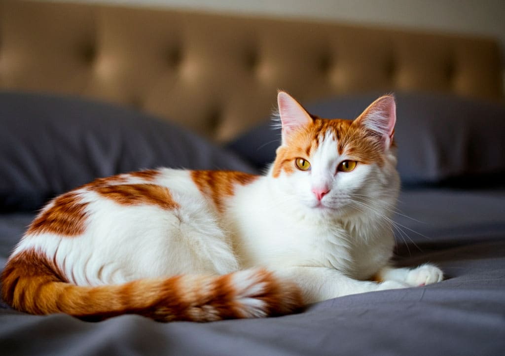 Gato Turco Van descansando plácidamente en una cama.