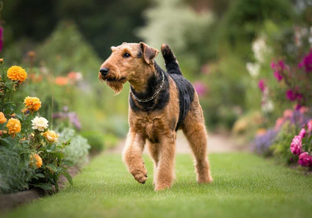 Airedale Terrier 3 Perro Airedale Terrier caminando entre flores en un jardín.