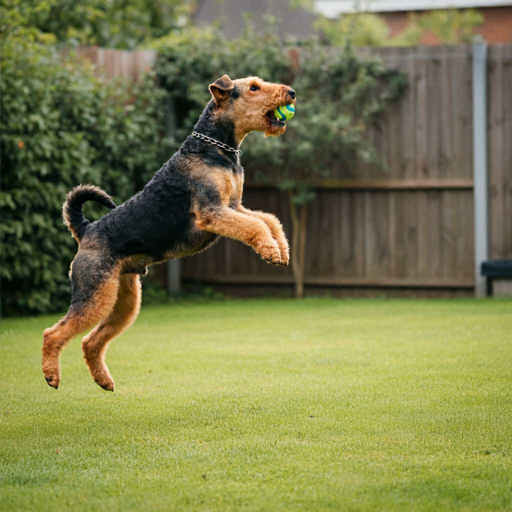 Airedale Terrier 7 Perro Airedale Terrier saltando para atrapar una pelota en el jardín.