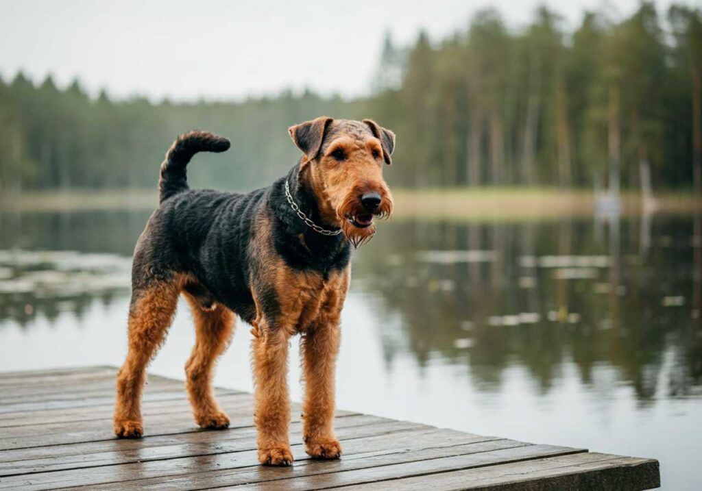 Airedale Terrier 1 Airedale Terrier de pie en un muelle junto a un lago.