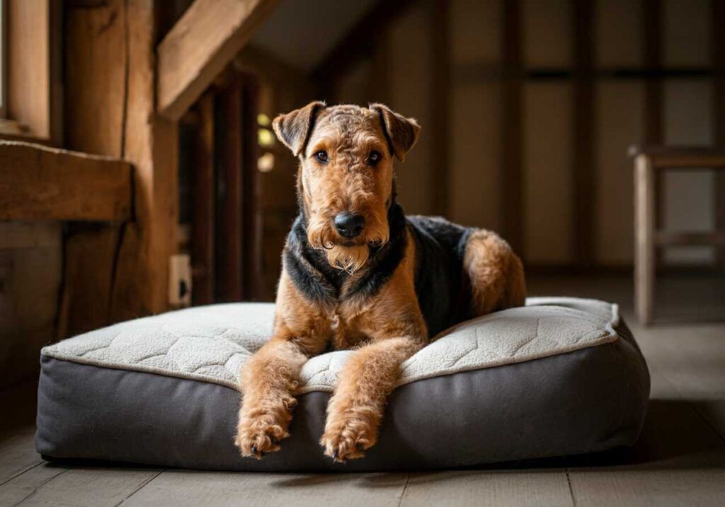 Airedale Terrier 6 Airedale Terrier descansando sobre una cama acolchada.