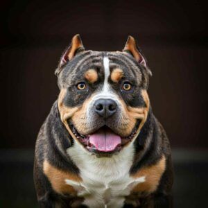 American Bully 2 Primer plano de un American Bully sonriendo con pelaje tricolor.