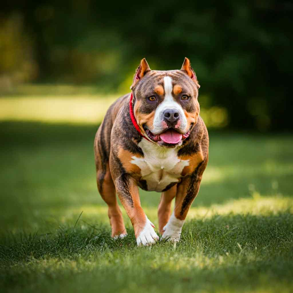 American Bully 1 American Bully corriendo en un campo abierto con expresión determinada.