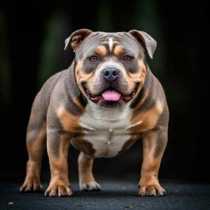 American Bully 4 American Bully gris con manchas marrones sonriendo en un camino oscuro.