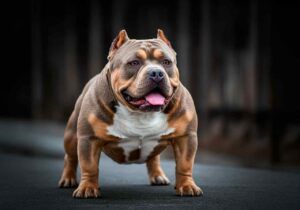 American Bully 7 American Bully gris posando en un camino oscuro con expresión confiada.