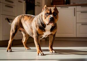 American Bully 9 American Bully atigrado de pie dentro de una cocina iluminada.