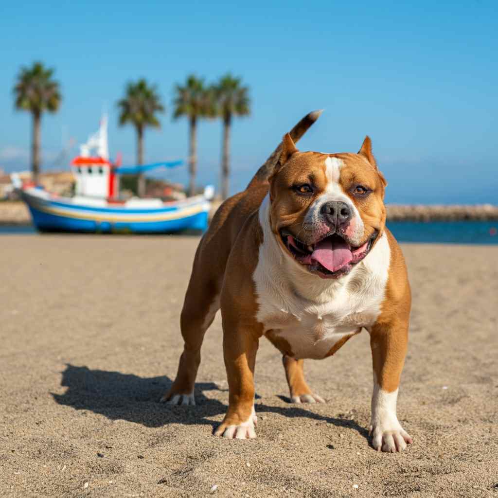 American Bully 6 American Bully marrón y blanco disfrutando en una playa soleada.