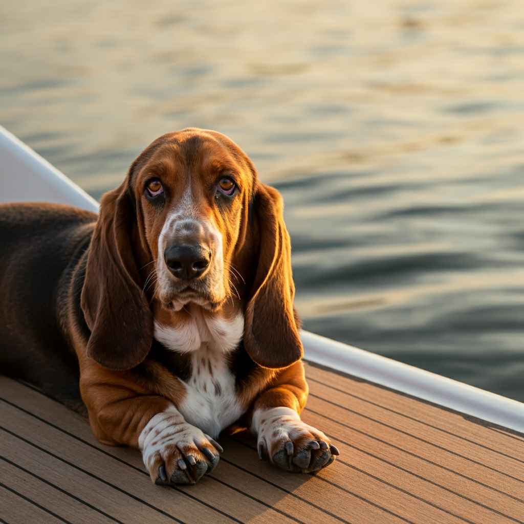 Basset Hound 9 Basset Hound tumbado en la cubierta de un barco al atardecer.