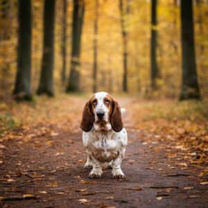 Basset Hound 4 Basset Hound caminando por un sendero de bosque en otoño.