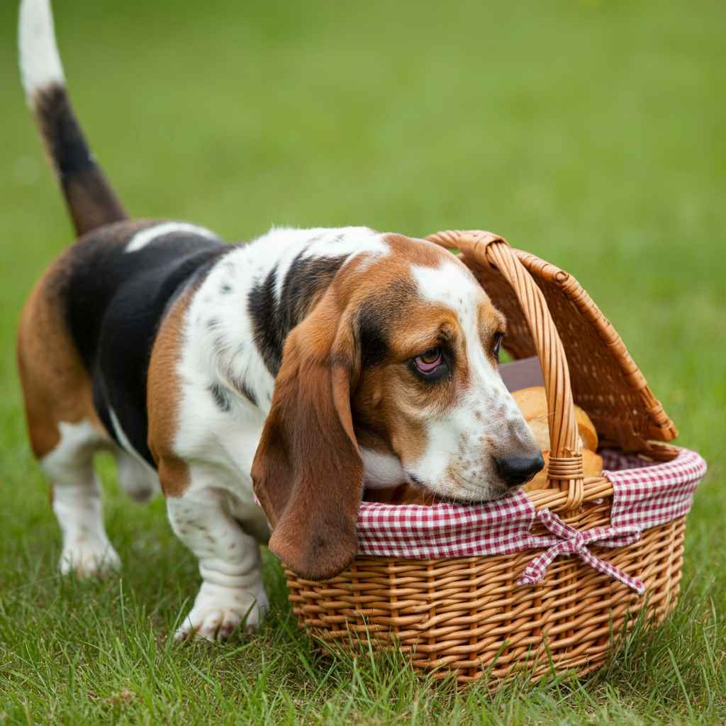 Basset Hound 3 Basset Hound olfateando una cesta de picnic en el césped.