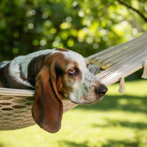 Basset Hound 5 Basset Hound relajado en una hamaca al aire libre.