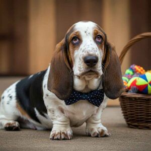 Basset Hound 2 Basset Hound con pajarita junto a una cesta de juguetes.