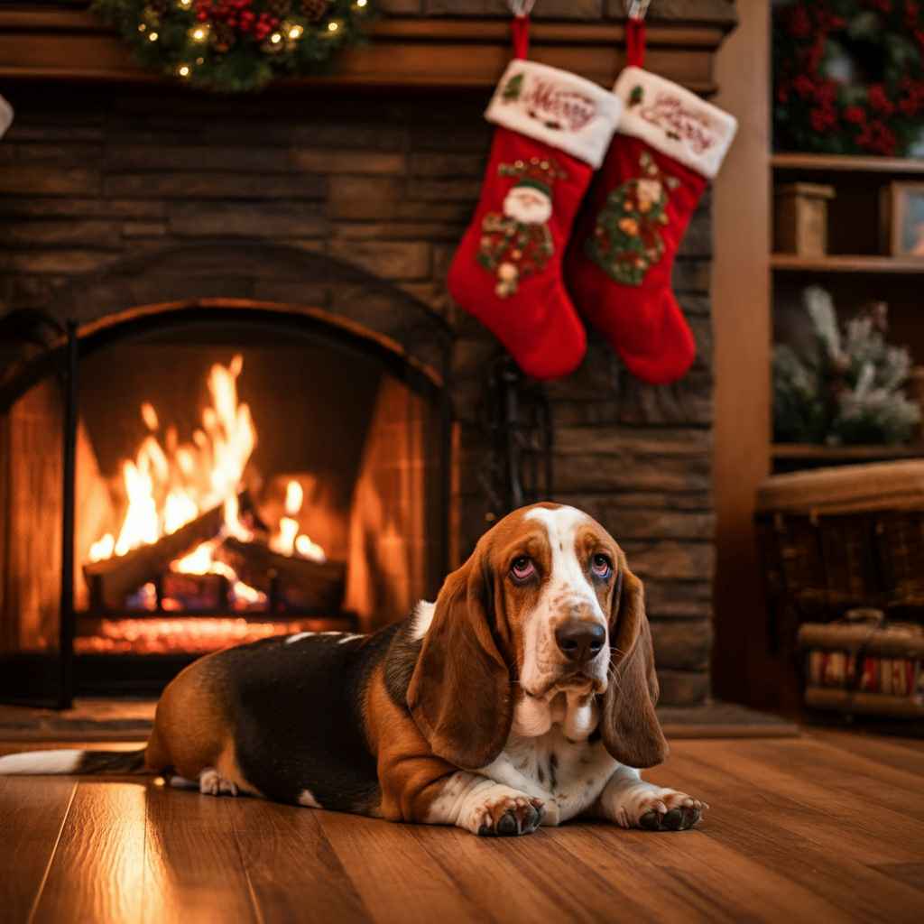 Basset Hound 6 Basset Hound tumbado frente a una chimenea decorada en Navidad.