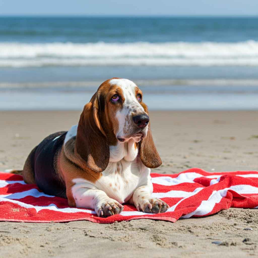 Basset Hound 1 Basset Hound descansando sobre una toalla en la playa.
