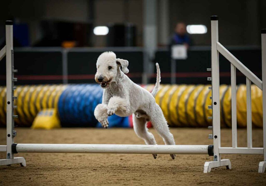 Bedlington Terrier 7 Bedlington Terrier participando en una competición de agilidad, saltando sobre un obstáculo.