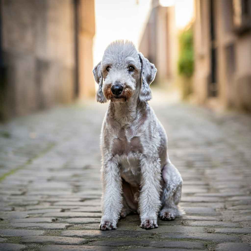 Bedlington Terrier 1 Bedlington Terrier sentado en una calle empedrada al atardecer.