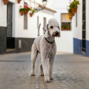 Bedlington Terrier 5 Bedlington Terrier de pie en una calle con casas blancas y macetas decorativas.