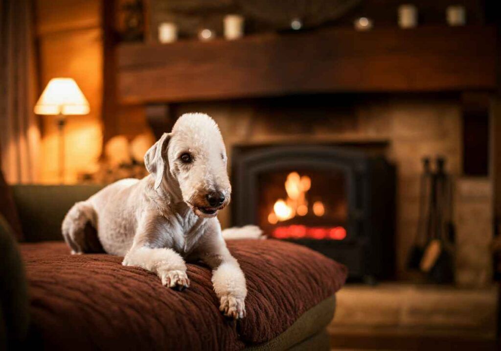 Bedlington Terrier 6 Bedlington Terrier descansando sobre un sofá cerca de una chimenea encendida.