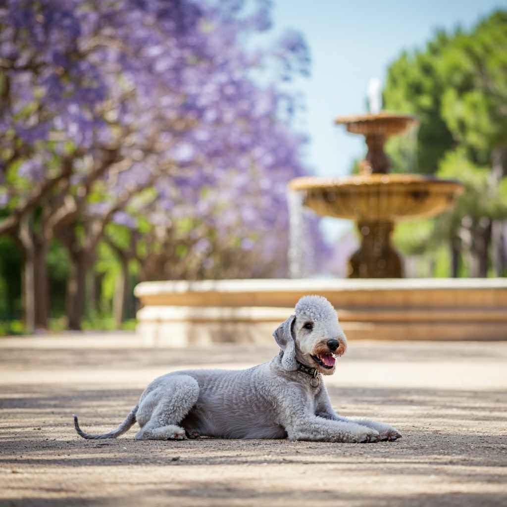 Bedlington Terrier 3 Bedlington Terrier descansando cerca de una fuente rodeada de jacarandas.
